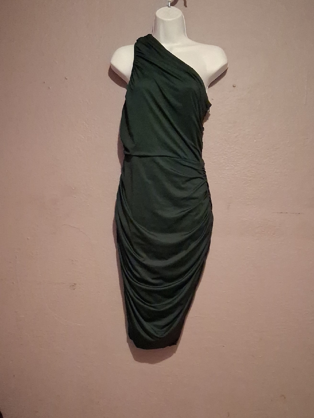 One-Shoulder Ruched Midi Dress in Deep Green
